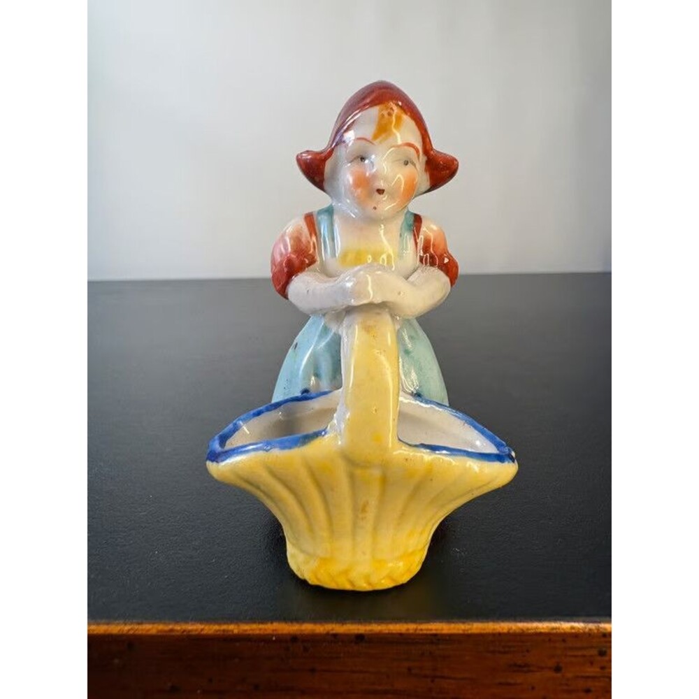 Occupied Japan Girl Basket Figurine Hand Painted Ceramic 3.25 in Vintage